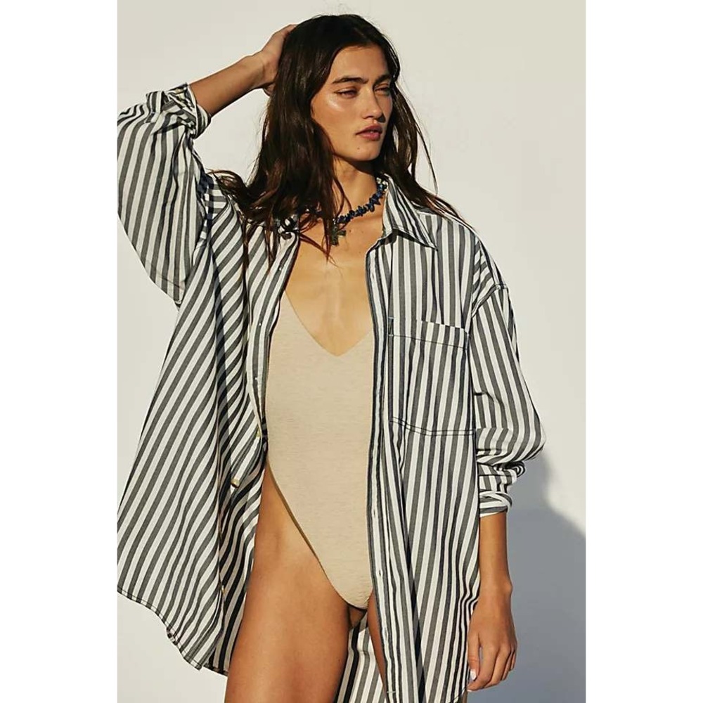 Free People We The Free Freddie Striped Shirt Nautical Navy M 4138